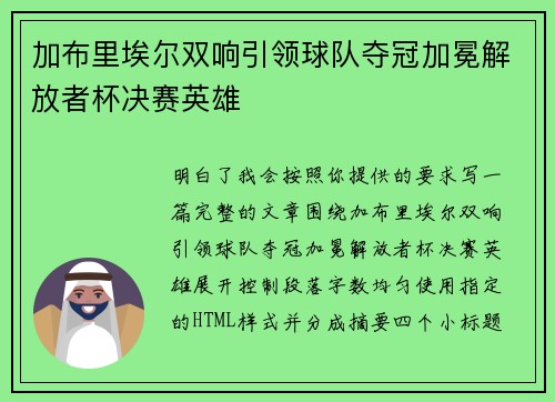 加布里埃尔双响引领球队夺冠加冕解放者杯决赛英雄