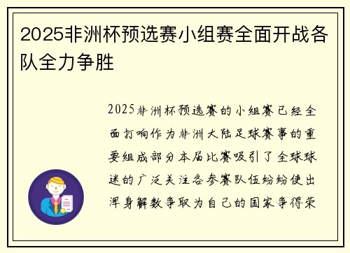 2025非洲杯预选赛小组赛全面开战各队全力争胜